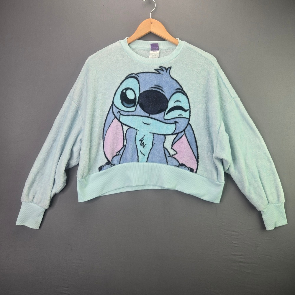 Disney Stitch Cropped Sweatshirt Size M Blue Sherpa Fleece Graphic Pullover